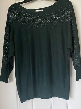 Madison Dark Green Scoop Neck Sweater with Rhinestone Trim